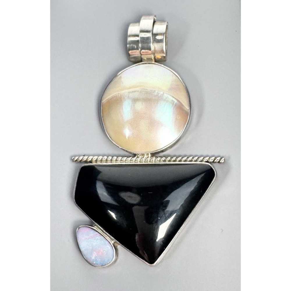 Judi Yates Sterling Silver Opal Black Onyx Mother of Pearl Pendant 29.2g